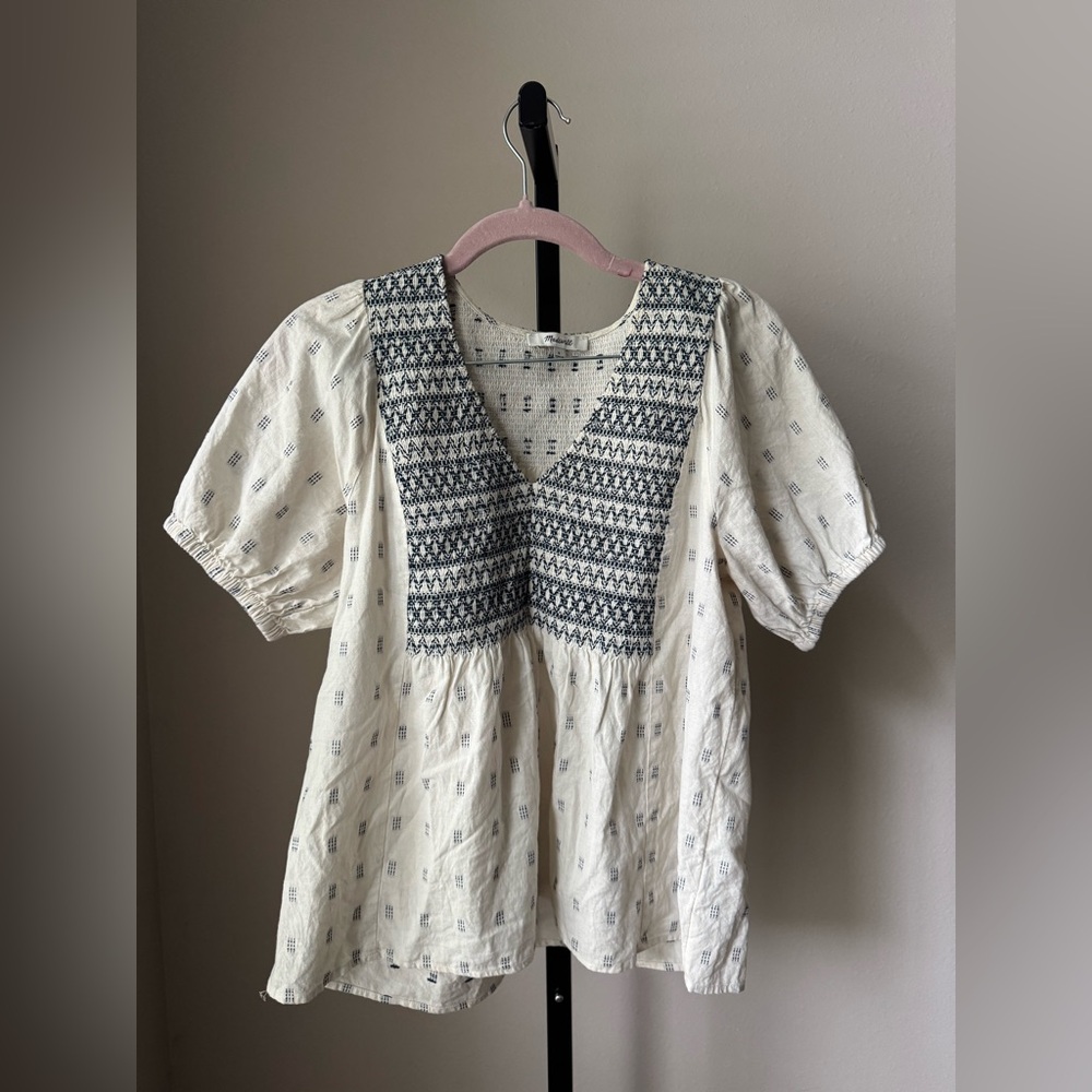 Madewell Cream and Black Textured peasent blouse